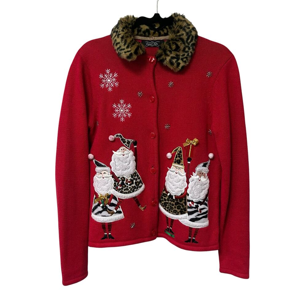 Vintage Crystal Kobe Red White Santa Applique Cardigan Sweater Womens Small